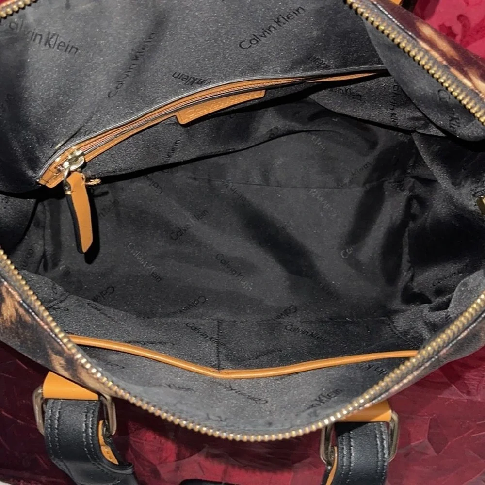 Calvin Klein Leopard Print Satchel Bag Black‎ Patent Trim Gold Hardware Handbag